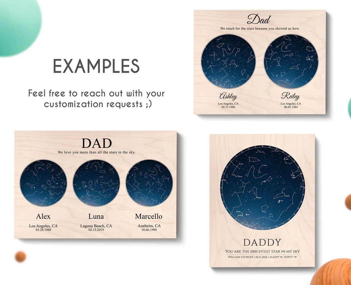 Stars On A Date Fathers Day Gift From Kids For Dad Personalized Star Map Print Wood Gift For Dad From Daughter Son Fathers Day Gift